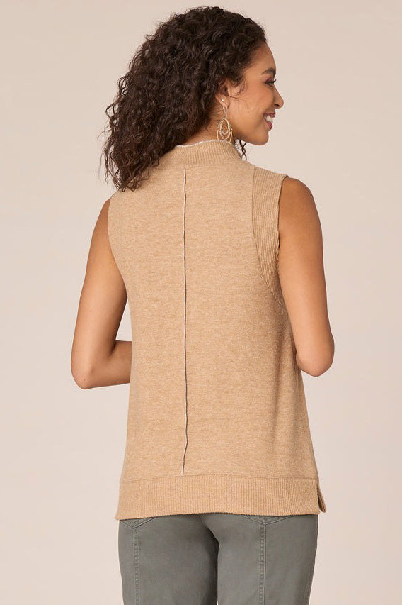 Sleeveless Mixed Media Knit Top - Caramel Brown