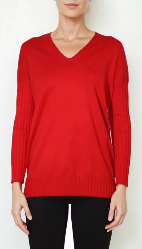 Ribbed Sleeve Tunic Sweater - Red